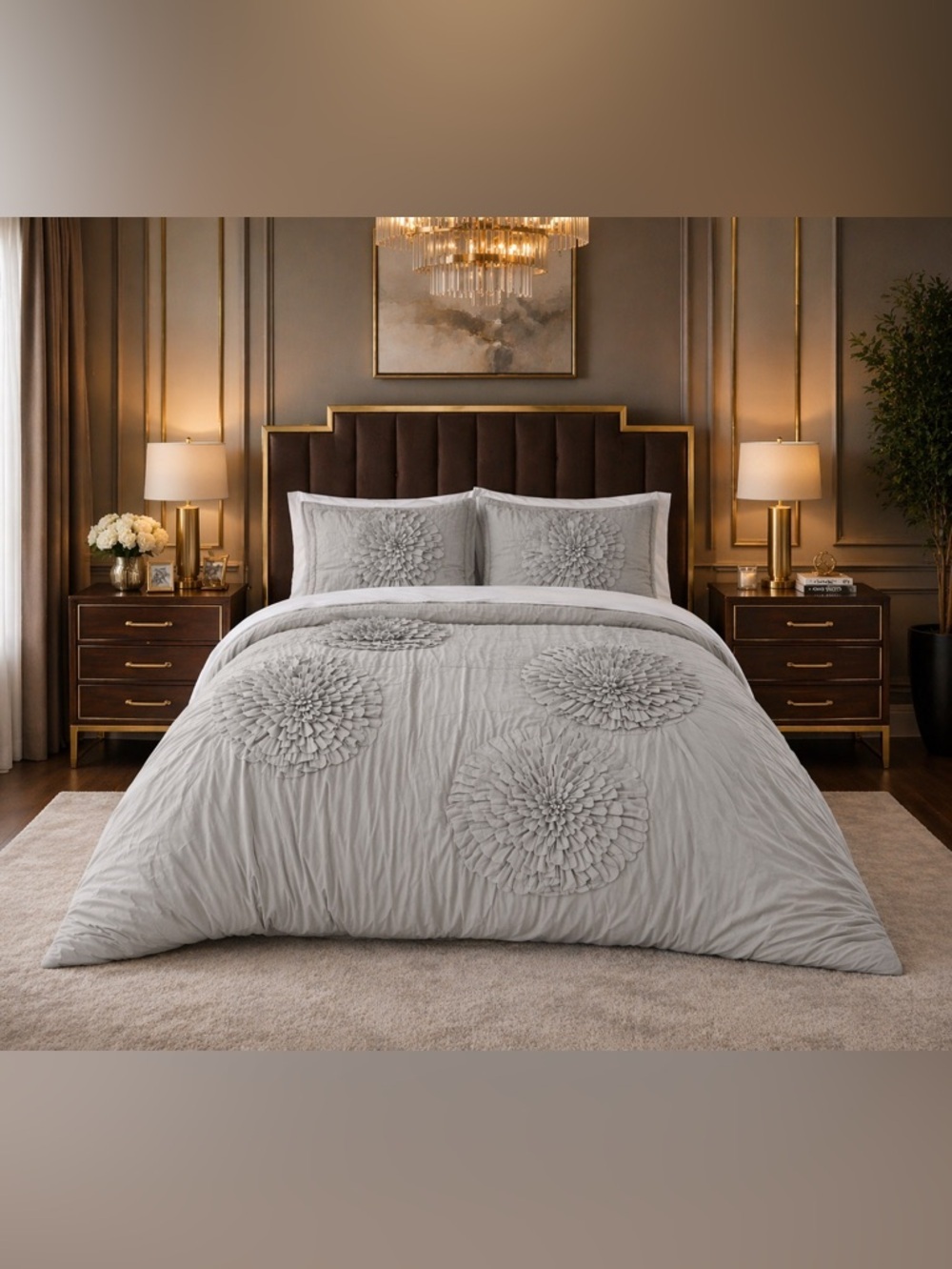 New Lush Decor Serena King Bedding Set 3PC Gray Floral Luxury Comforter NWT